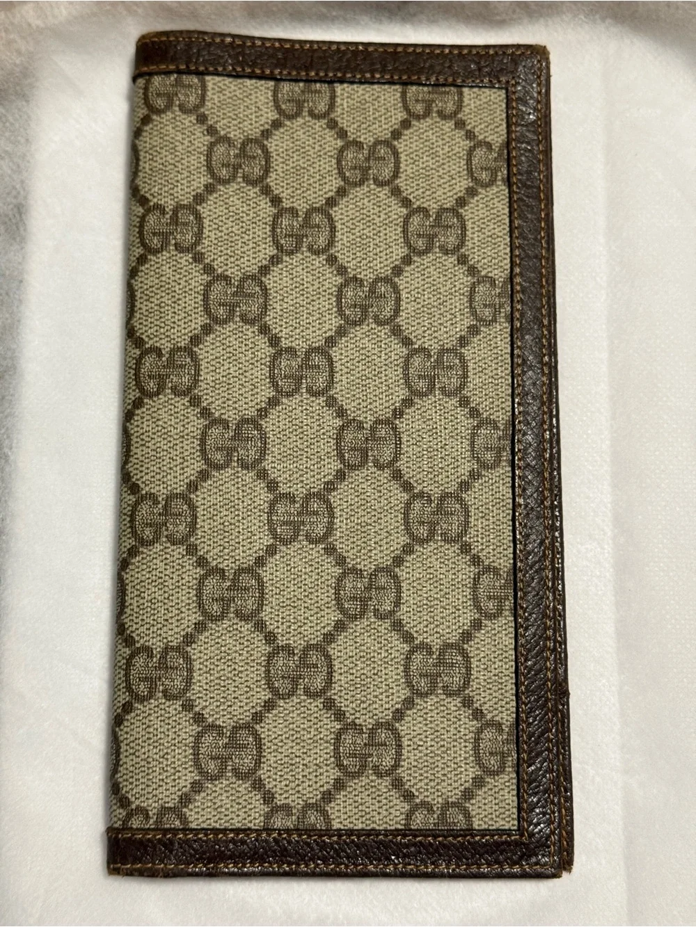 Gucci Vintage Beige GG Monogram Long Bifold Wallet with Brown Trim DUSTY and COA
